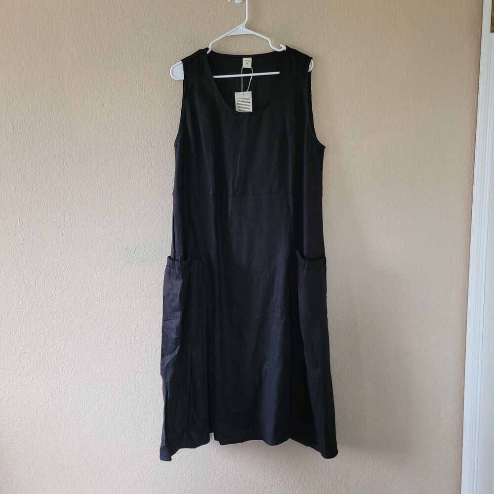 Lintico Womens XXL 100% Linen Black Swing Tank Dress Giana Pockets Coastal Nwt